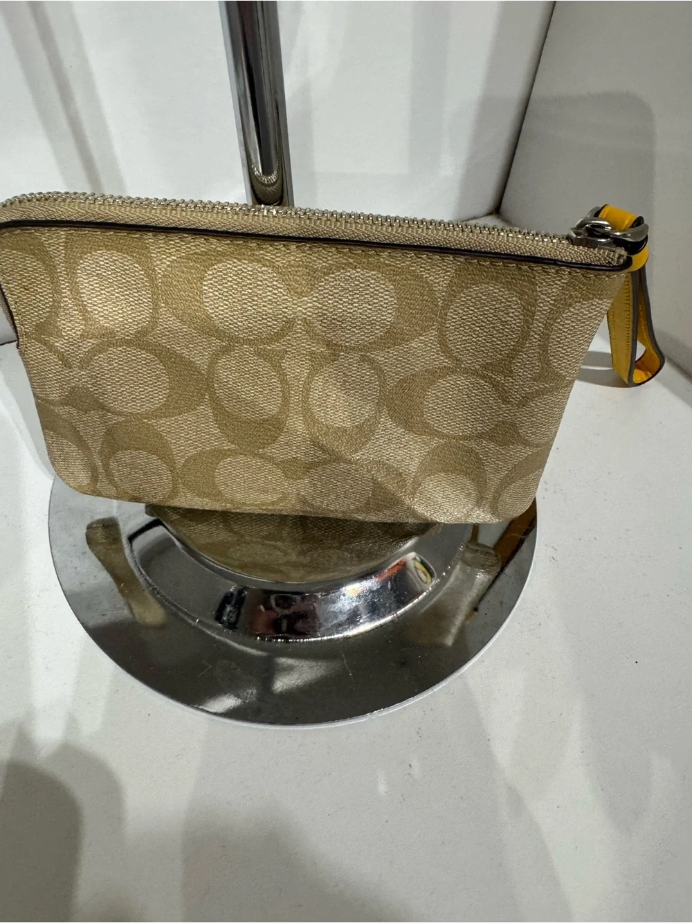 Coach Beige Signature Wristlet with Yellow Stripe